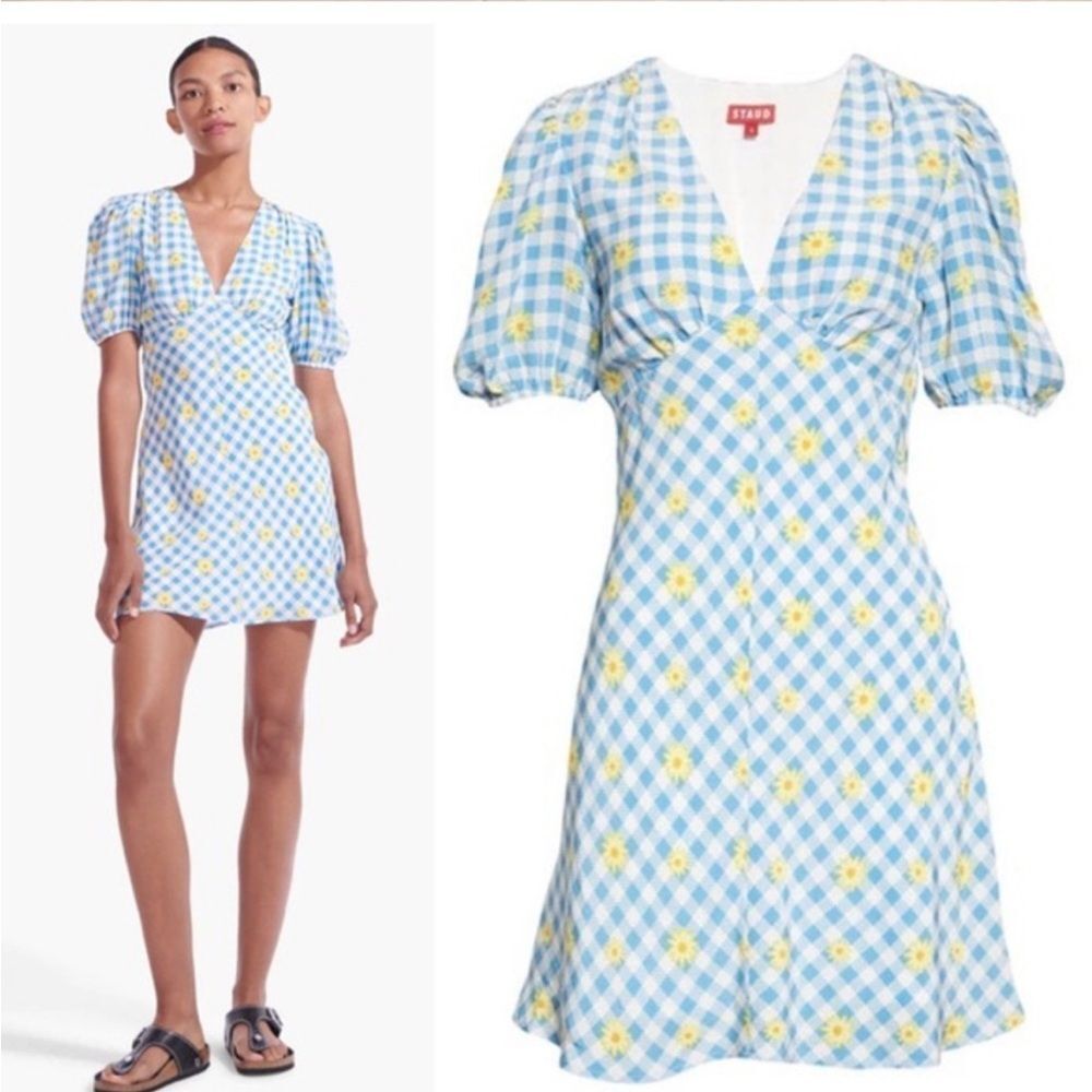NWT STAUD | Mini Milla Dress in Gingham Daisy Plaid Puff‎ Sleeve V Neck 0
